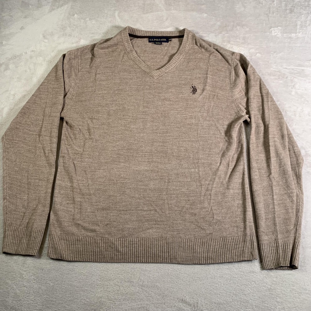 US Polo Assn Sweater Womens Size 2XL Beige V Neck Pullover Acrylic Knit Logo